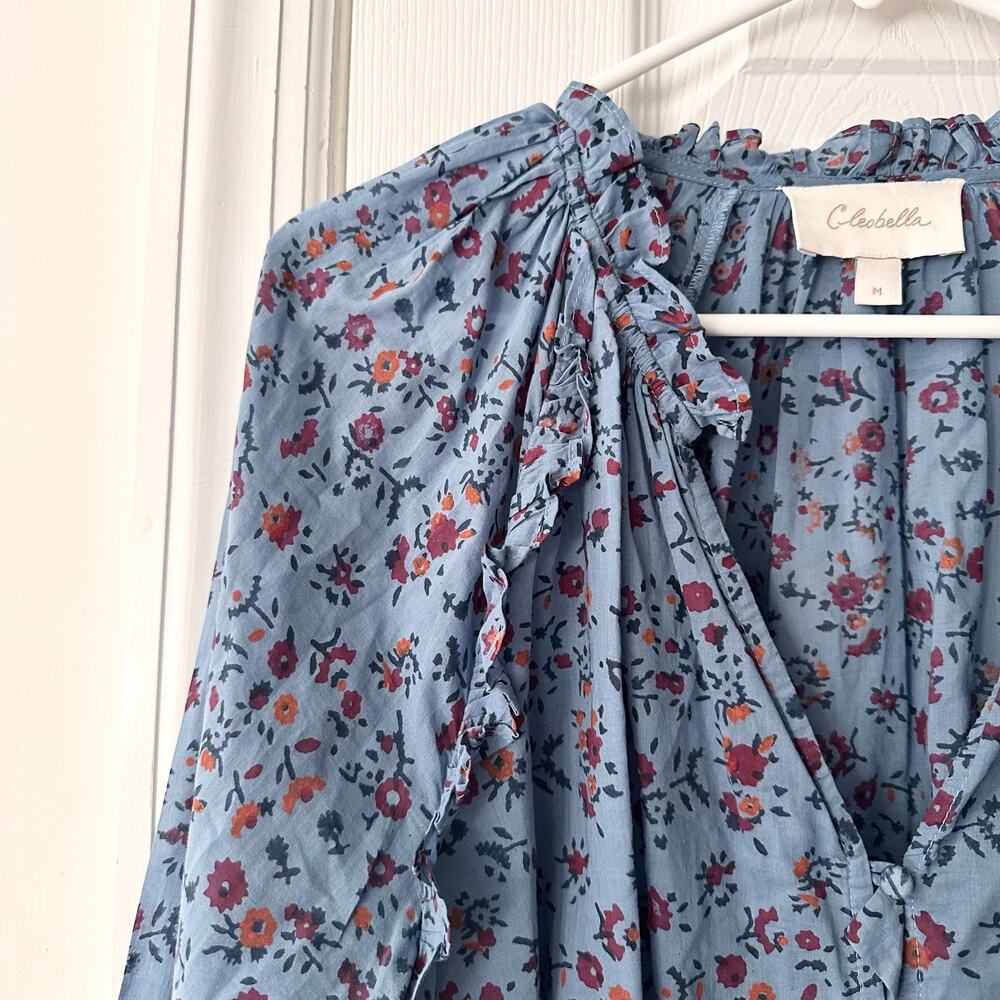 Cleobella Arianna Powder Blue Floral Print Button Front Boho Puff Blouse Medium - Picture 3 of 9